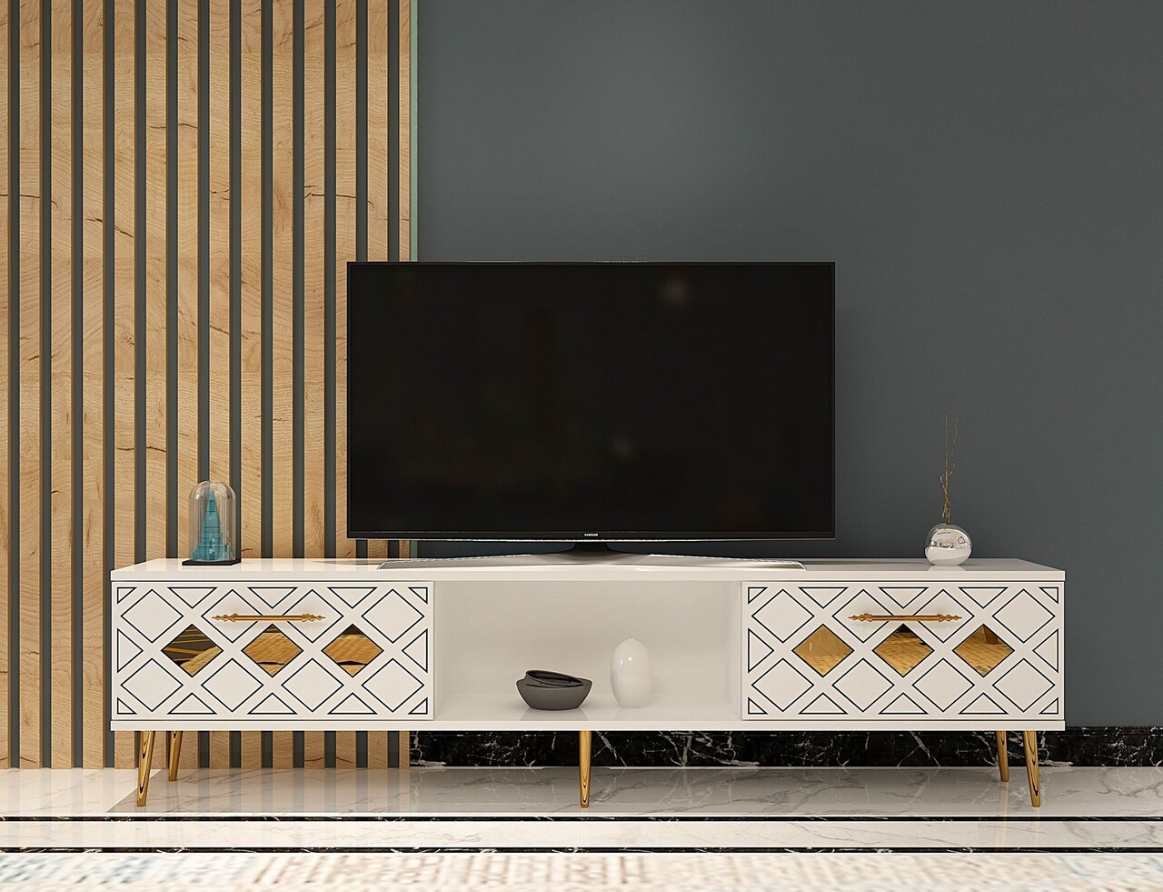 Comoda TV, Hanah Home, Dome, 150x40.6x29.6 cm, Alb/Auriu - imagine 7